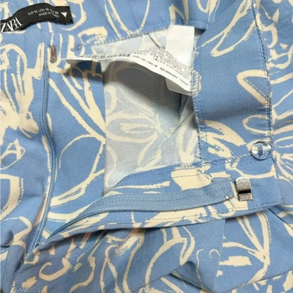 Zara Sky Blue Pants with Cream Floral Pattern size medium wide leg flowy pants - Picture 4 of 6